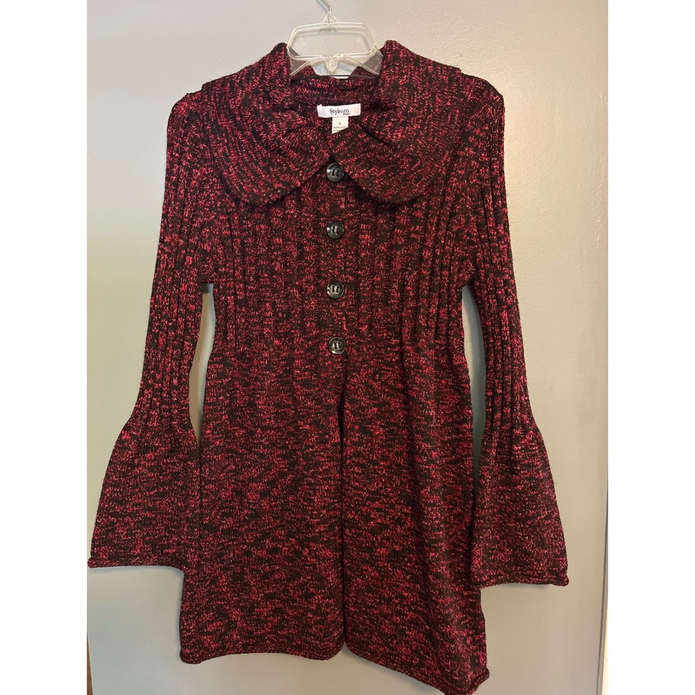 Cardigan Sweater Style & Co Petite Goth Large Black Red Pink Bell Sleeve Buttons
